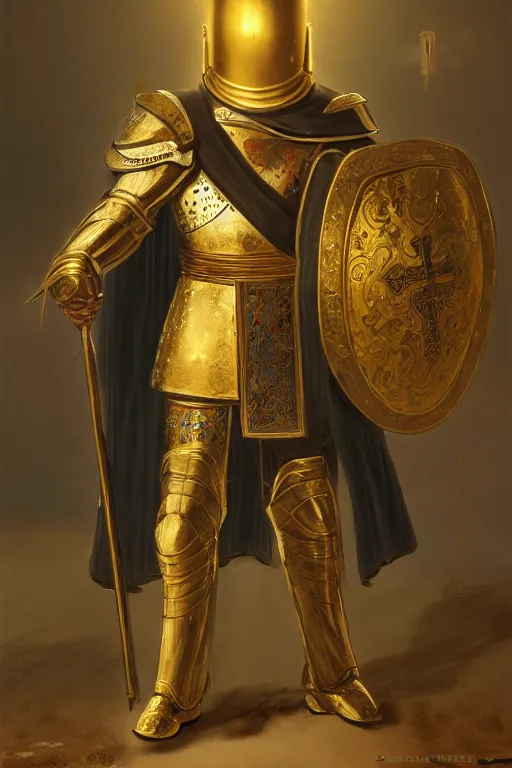 Prompt: man looking forward in decorated with gold baroque style christian crusader armor, cylindrical helmet covering all his face decorated with golden cross on front it's front and white cape covering most of his body standing at the gates of jerusalem drawn by greg rutkowski realistic high detail
