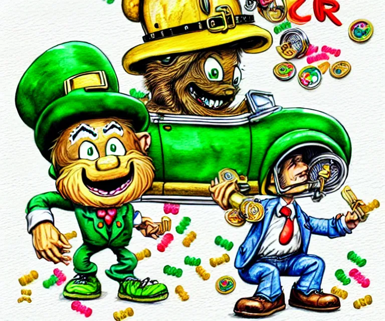 Prompt: cute and funny, lucky charms leprechaun, wearing a helmet, driving a hotrod, oversized enginee, ratfink style by ed roth, centered award winning watercolor pen illustration, isometric illustration by chihiro iwasaki, the artwork of r. crumb and his cheap suit, cult - classic - comic,