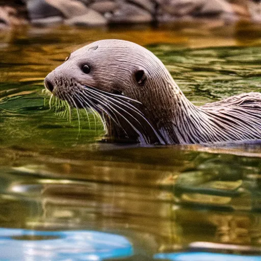 Image similar to One man and one otter swimming alongside him. Award-winning, front view, daylight, photoreallrstic, 4k