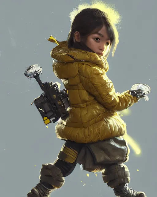 Prompt: a tiny combat kid wearing a puffy yellow jacket and a katana, smooth, intricate, elegant, digital painting, artstation, concept art, sharp focus, octane render, illustration, art by ayami kojima, apex legends character,