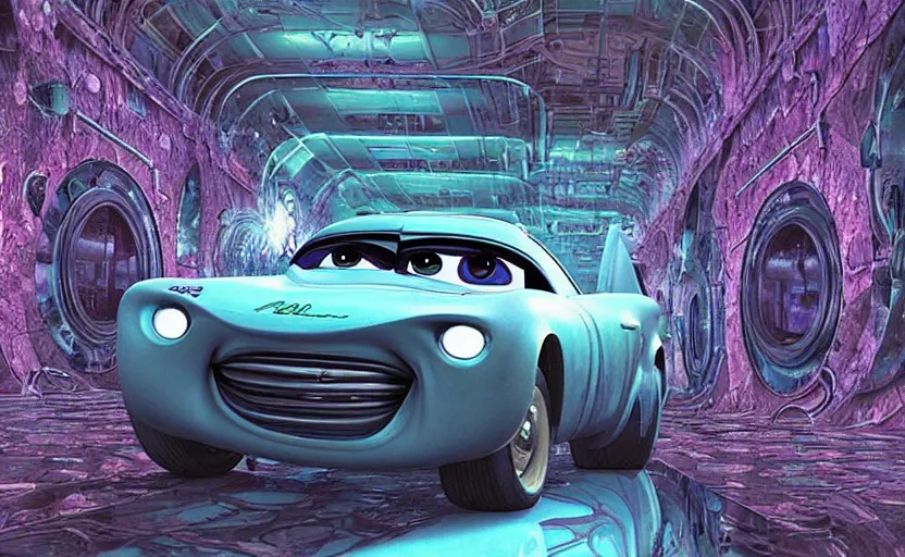 Image similar to mater from cars in a mirrored fractal hallway, romance novel cover, dmt visualization, in 1 9 9 5, y 2 k cybercore, industrial photography, still from a ridley scott movie