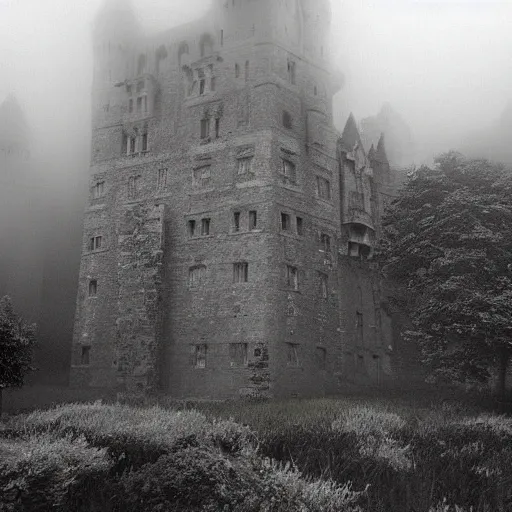 Prompt: abandoned castle surrounded by gigantic towers and tall impenetrable walls, attacked by titanic green goblins in fog