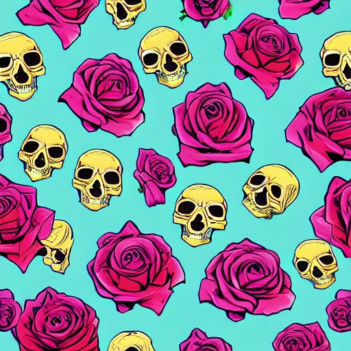 Image similar to large skulls and vivid roses seamless pattern, Jen Bartel, Dan Mumford, Satoshi Kon, gouache illustration