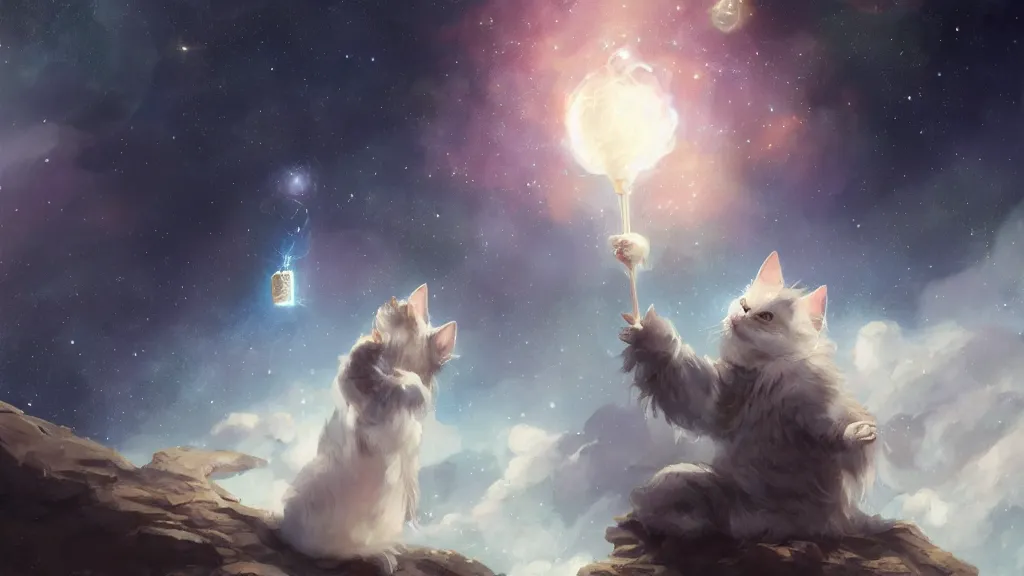 Image similar to cartoonish kitten dressed as Gandalf floating in space, bright stars, anime, a fantasy digital painting by Greg Rutkowski and James Gurney, trending on Artstation, highly detailed