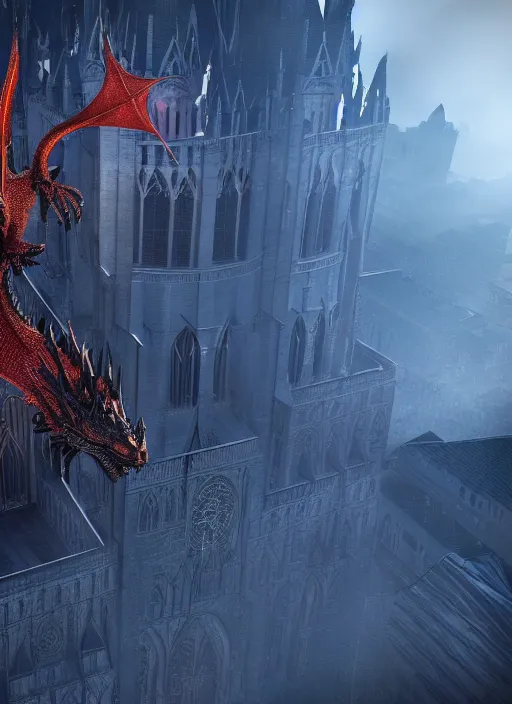 Prompt: a dragon perches atop a cathedral, menacing black dragon, cinematic, volumetric lighting, physically based render