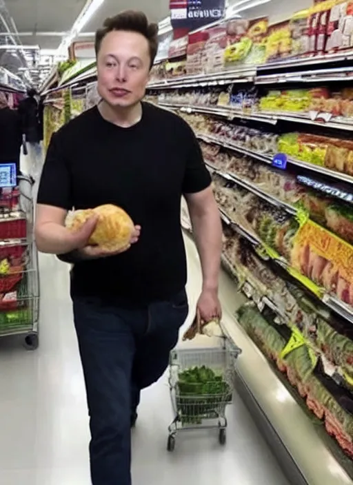 Image similar to Elon musk stealing chicken in a supermarket caught on a security camera