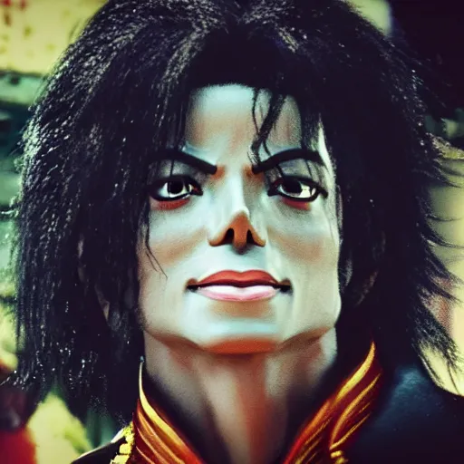 Image similar to a cinematic film still of Michael Jackson in Tekken 7, portrait, 40mm lens, shallow depth of field, close up, split lighting, cinematic