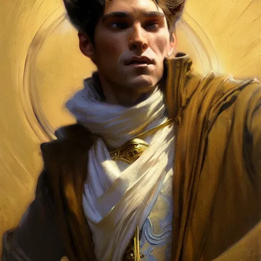 Prompt: stunning male master wizard posing with side chest, highly detailed painting by gaston bussiere, craig mullins, j. c. leyendecker, 8 k