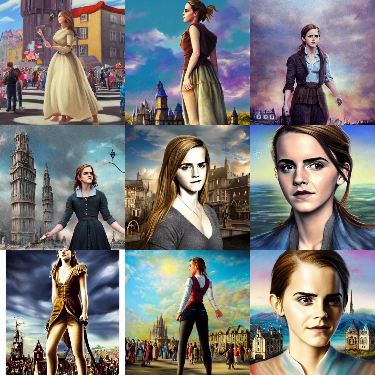 Prompt: Giant Emma Watson stands next to a town, surrounded by people, pixta.jp, pastel art, Gulliver's Travels