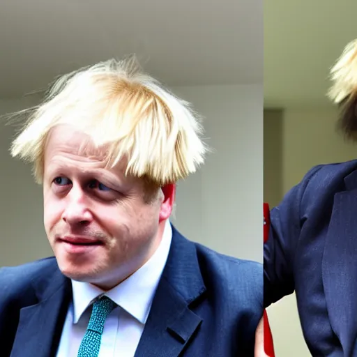 Prompt: Asian Boris Johnson sitting next to African Boris Johnson