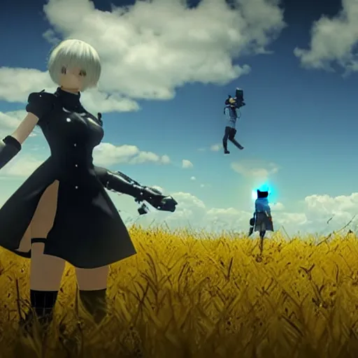 Image similar to a very high resolution image from nier : automata, featuring 9 s android fighting russian spetznaz in yellow rye field under pure blue skies