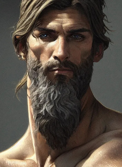 Image similar to portrait of a rugged ranger, muscular, upper body, hairy torso, D&D, fantasy, intricate, elegant, highly detailed, digital painting, artstation, concept art, smooth, sharp focus, illustration, art by alphonse mucha