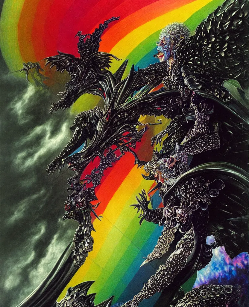 Image similar to realistic detailed image of ultra wrathful rainbow diamond iridescent mega griffith from berserk, depth perception, depth of field, action horror by ayami kojima, neo - gothic, gothic, part by adrian ghenie and gerhard richter. art by roger dean. masterpiece