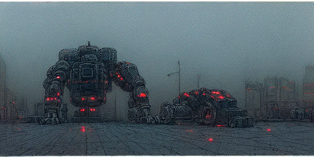 Image similar to grainy risograph matte painting of gigantic huge mech covered with wounds, black, pastel matte colors, staying in the foggy huge hyperrealism, parking station, by moebius, intricate detailed