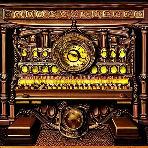 Image similar to steampunk pipe organ lp album art, intricate detail, mechanical, baroque oil painting