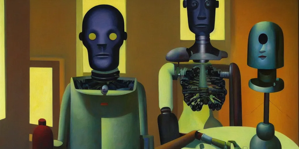 Image similar to super - intelligent robot with kind eyes portrait, grant wood, pj crook, edward hopper, oil on canvas