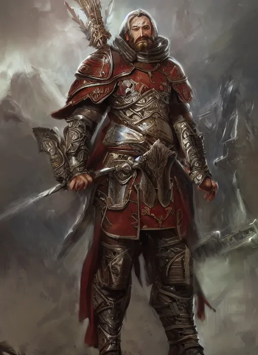 Image similar to gruff human cleric in plate male armor painted by raymond swanland