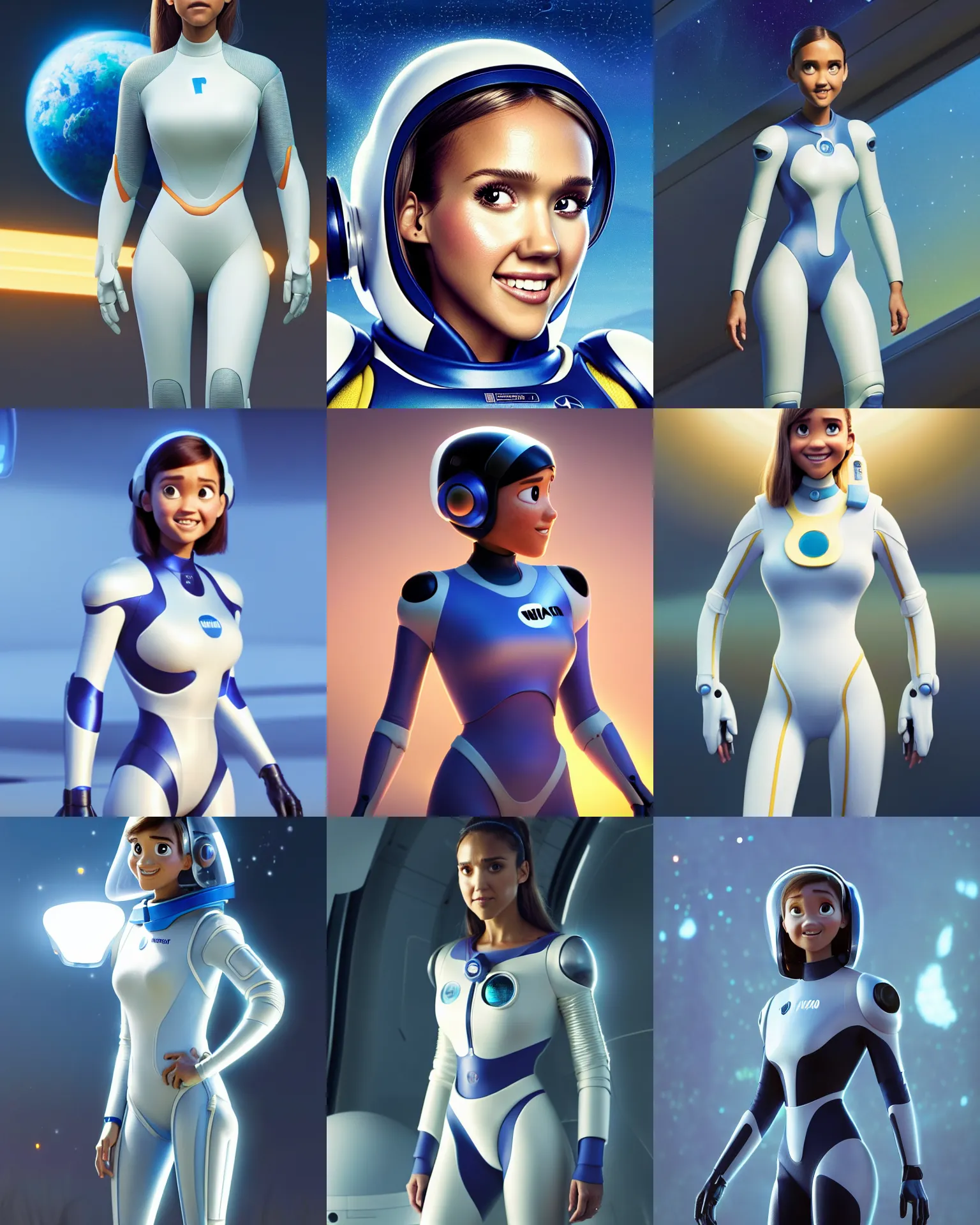 Prompt: pixar movie still portrait photo of jessica alba wearing clean glass electric sci - fi spacesuit : : by weta, disney, greg rutkowski, wlop, ilya kuvshinov, rossdraws, artgerm, annie leibovitz, alphonse mucha, ue 5, trending on artstation, octane, volumetric lighting : :