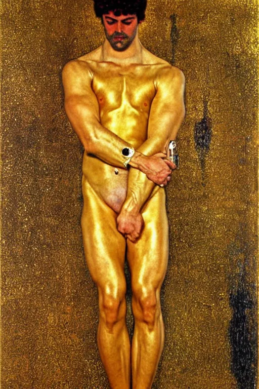 Prompt: A man wearing golden clothes, muscular, fantasy, painting by Gustav Klimt