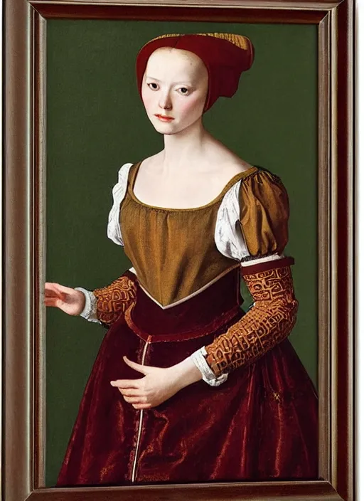 Prompt: portrait of young woman in renaissance dress and hennin, art by petrus christus,