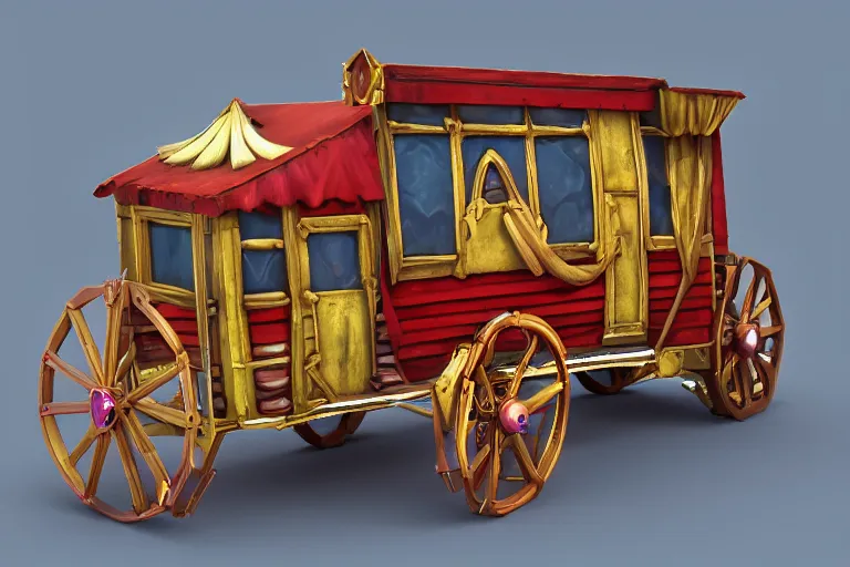 Image similar to 3d sculpt of a gypsy circus wagon, artstaton, League of Legends, red dead redemption2, overwatch, digital illustration