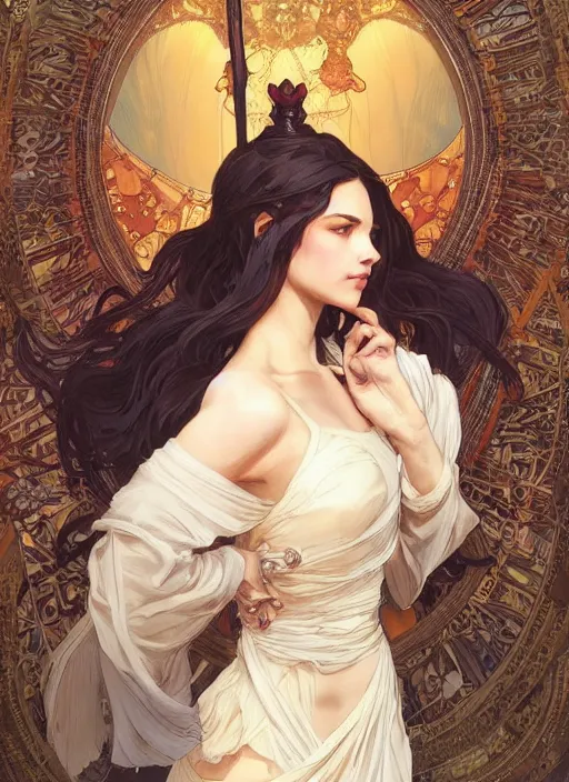 Image similar to queen, dainty wilder face, incredibly detailed face, pretty face, light dress, true anatomy, art by artgerm and greg rutkowski and alphonse mucha