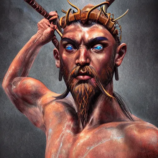 Prompt: Dramatic portraiture of Uuen, the Pictish god of iron, mixed media, trending on ArtStation, by Jim Valentino and ArtGerm and Lucian Freud, luminism