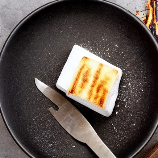 Prompt: toasting marshmallow on a fork with a lighter