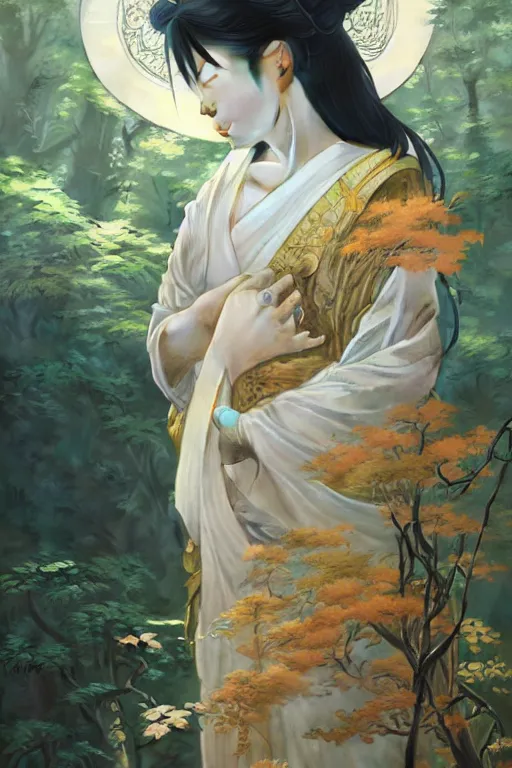 Image similar to Japanese goddess of nature, accurate anatomy, only two hands, highly detailed, digital painting, artstation, concept art, smooth, sharp focus, illustration, Unreal Engine 5, 8K, art by Ross Tran and greg rutkowski and alphonse Mucha