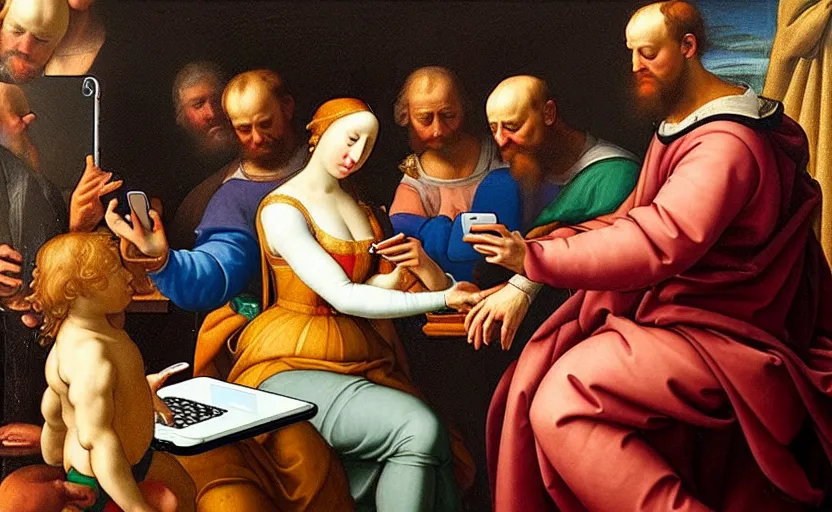 Prompt: renaissance painting of a queen swiping on his smartphone in the foreground, a king on his laptop in the background