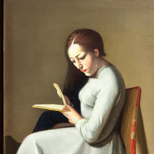 Prompt: a purism painting of a woman reading a book