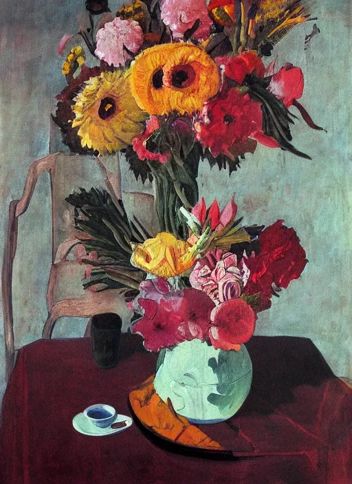 Image similar to a surreal painting of a breakfast still life, vase of flowers, by George Baselitz, symbolist, soft colors, dramatic lighting, smooth, sharp focus, extremely detailed, textured, aesthetically pleasing composition