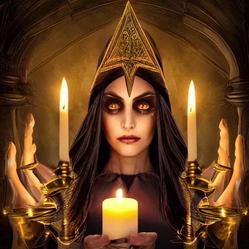 Image similar to Tall, beautiful, slender female witch with dark hair, dressed in black robes and golden body armor, in the background is a candle lit room, intricate detail, symmetrical facial features, naturally proportioned body, photorealism,