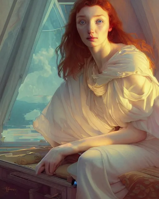 Prompt: eleanor tomlinson, vaporwave, bedroom, highly detailed, digital painting, artstation, concept art, smooth, sharp focus, illustration, art by artgerm and greg rutkowski and alphonse mucha