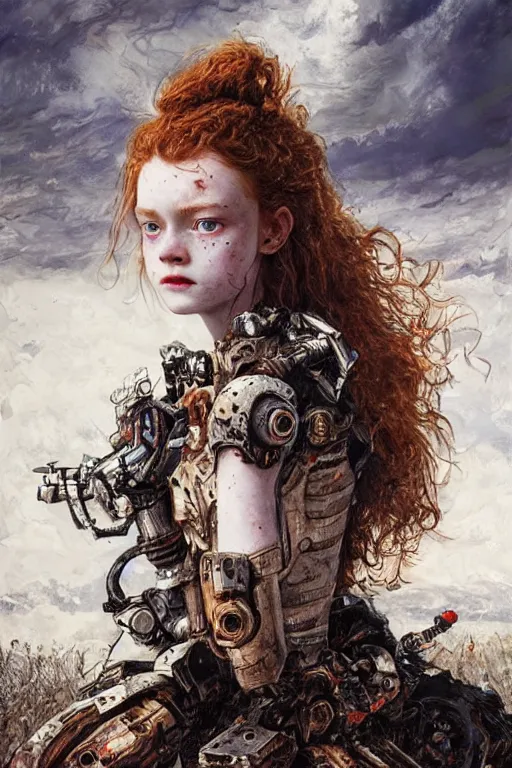 Image similar to sadie sink runs from a cyborg, dirt, fashion, fantasy, art by ayami kojima, vasnetsov, cedric peyravernay