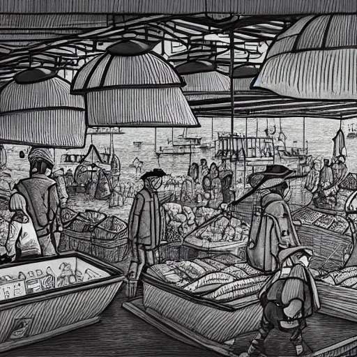 Image similar to a black and white drawing of a busy fish market stretching to the horizon, a storybook illustration by mattias adolfsson, behance contest winner, modern european ink painting, matte drawing, storybook illustration, panoramic, isometric