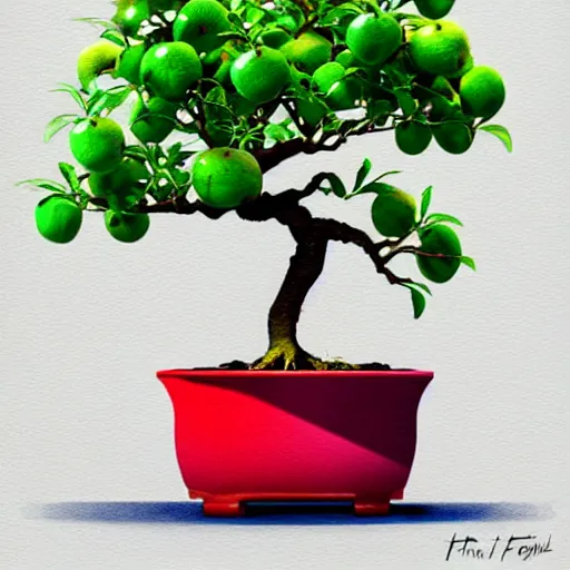 Image similar to bonsai fruit tree with apples!! but minimalistic concept art by frank stella gilleard james whalen tom, colorful, soft light, trending on artstation, minimalism