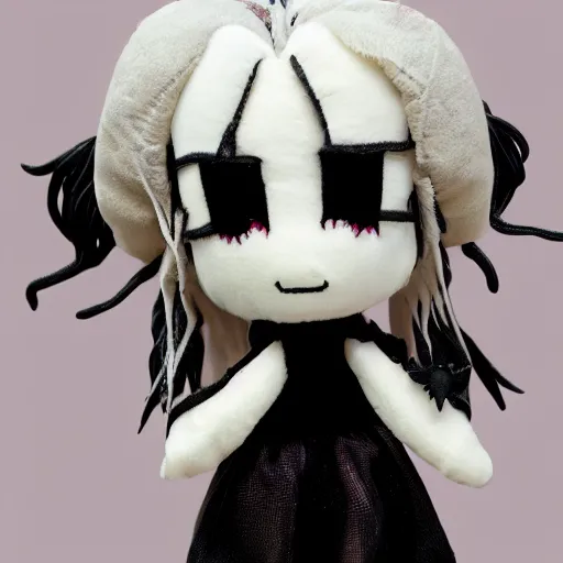 Prompt: cute fumo plush of the nightmare princess, gothic regal and tattered black, broken hearts, tragic wraith, vray, web of tendrils, arachnid, shadows at play