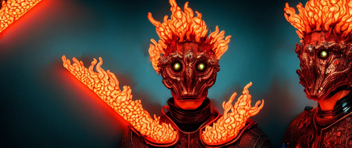 Prompt: hyperrealist highly detailed english medieval portrait of high fashion monster wearing flame fire smoke flame armor, radiating atomic neon corals, veiny network growth with neon uranium pattern, concept art pascal blanche dramatic studio lighting 8k wide angle shallow depth of field