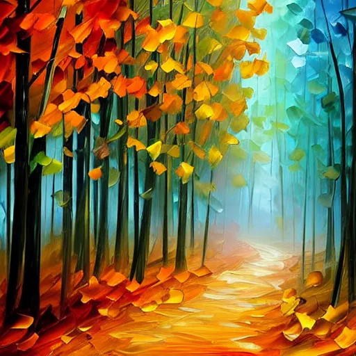 Image similar to beautiful leonid afremov and alena aenami impasto painting of a foggy forest path on a lovely autumn day. trending on artstation 8k hq