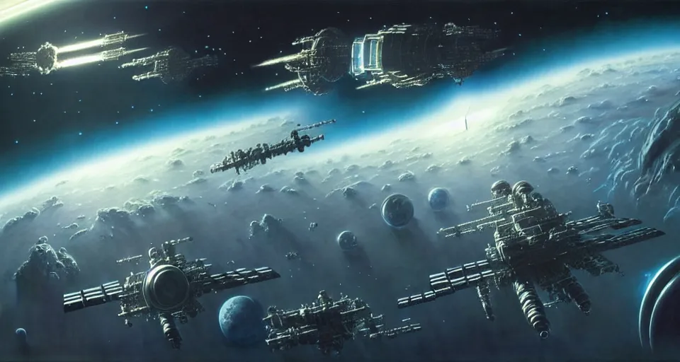 Prompt: ( a sci - fi round space station!!! ) in orbit above a ( green planet!!!! ) | ( starships!! ) | realistic!! sci - fi matte concept art painting, painted by andrew wallin, ( james gurney and greg rutkowski ), and halo!!, smooth, intricate!, detailed!!, cinematic