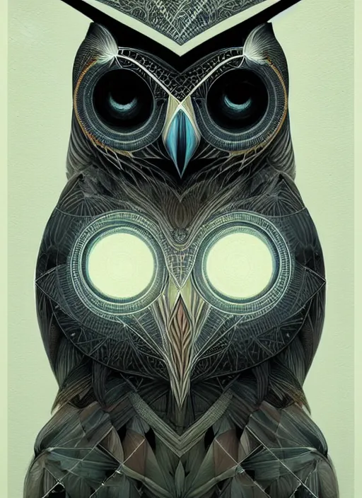 Image similar to portrait of a geometric owl, identical eyes, medium shot, illustration, full body made of white feathers, symmetrical, art stand, super detailed, cinematic lighting, and its detailed and intricate, gorgeous, by peter mohrbacher