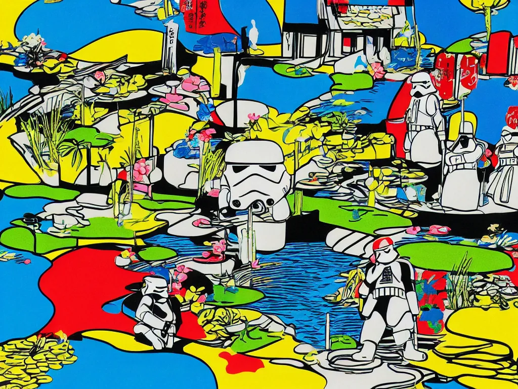 Image similar to close - up image of a japanese house with a pond, stormtroopers sitting around it, in style of pop - art, andy warhol, roy lichtenstein, jackie tsai, bright and saturated palette, acrylic on canvas