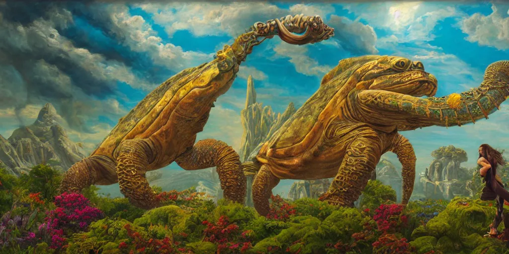 Image similar to fantasy oil painting, great leviathan, cybernetic turtle cephalopod terrapin reptilian pachyderm squid, bella hadid, hybrid, milla jovovich, anubis, epic natural light, lush plants flowers, spectacular mountains, bright clouds, luminous sky, outer worlds, golden hour, michael cheval, edward hopper, michael whelan, vray, hd