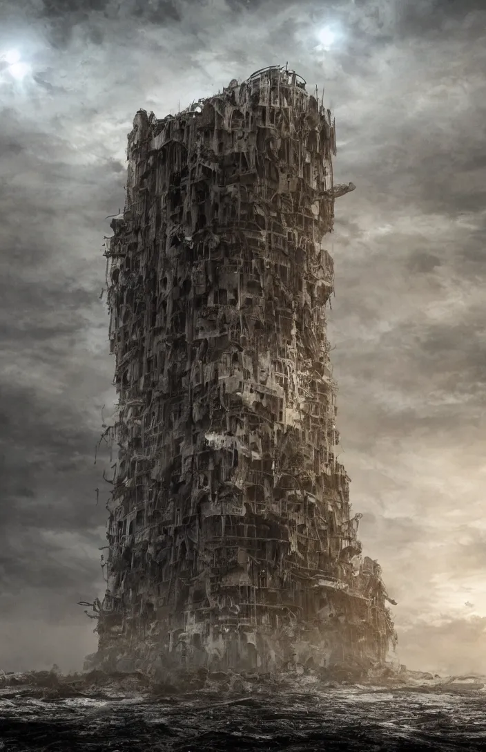 Prompt: Post apocalyptic tall building with its bottom half covered by water, all its lights are on. Cave like structures on the edges of the image. Professional Photography, hyper detailed, sharp focus, 4k.