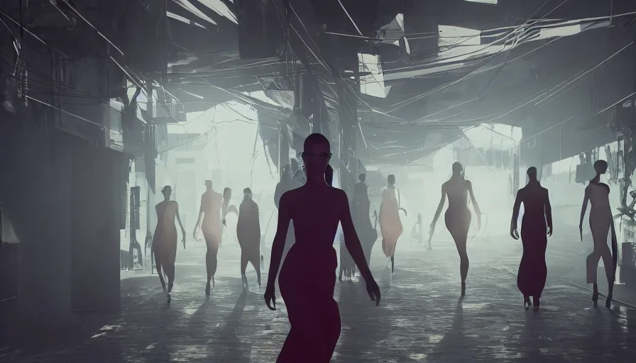 Image similar to Fashion Catwalk rendering in a futuristic favela, Hazy Atmosphere, Cinematic Lighting, Wallpaper, Octane, Redshift, 4k