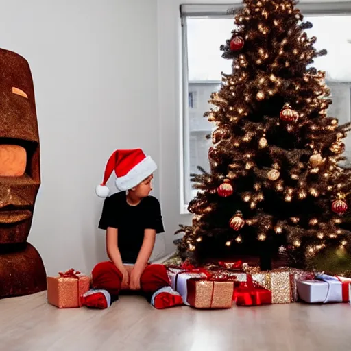 Image similar to a kid at christmas disappointed and sad that his present was a giant moai statue | inside of a house next to a christmas tree