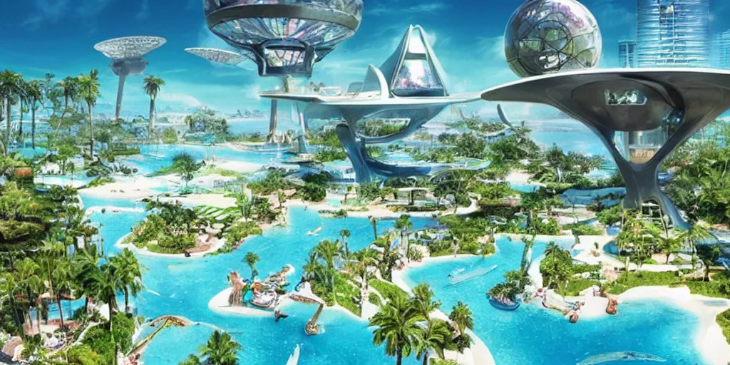 Image similar to futuristic paradise, real life picture, futuristic