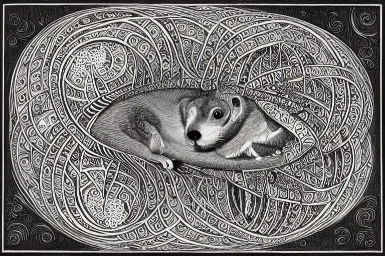 Image similar to an ornate illustration in the styles of mandalas and fractals, the styles of escher and penrose, depicting a weasel staring deep into the heart of the impossible all - and - nothing of the emerging technological singularity ; / what has god wrought? / he seems to be whispering.