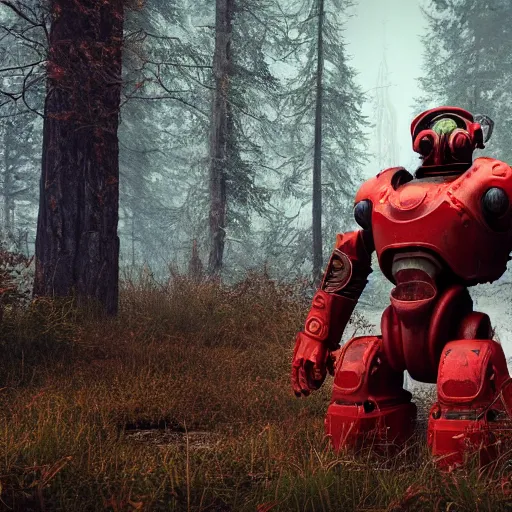 Image similar to Power armor from the company core-cola, red color, stands against the background of a radioactive forest, graphics, fallout 4 render, 3d computer render, maximum details, rain, night, spotlight,